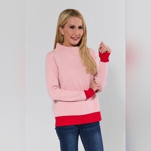 Avara Janine Light Pink Knit Mock Neck Sweater Red Trim Sz Small New $78